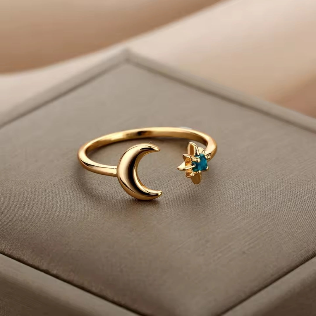 Adjustable Green Crystal Moon Ring