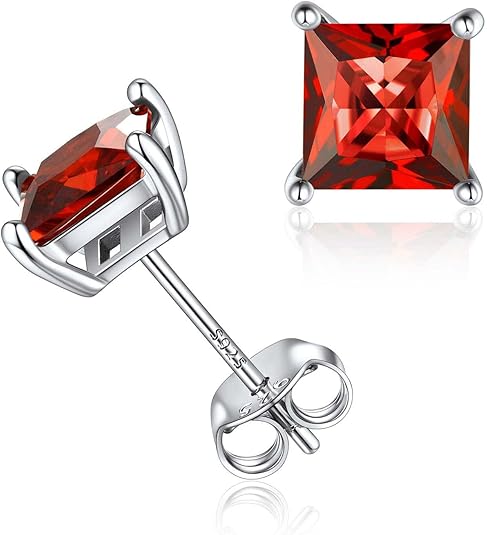 Minimalist Princess Cut Ruby Stud Earrings | White Gold