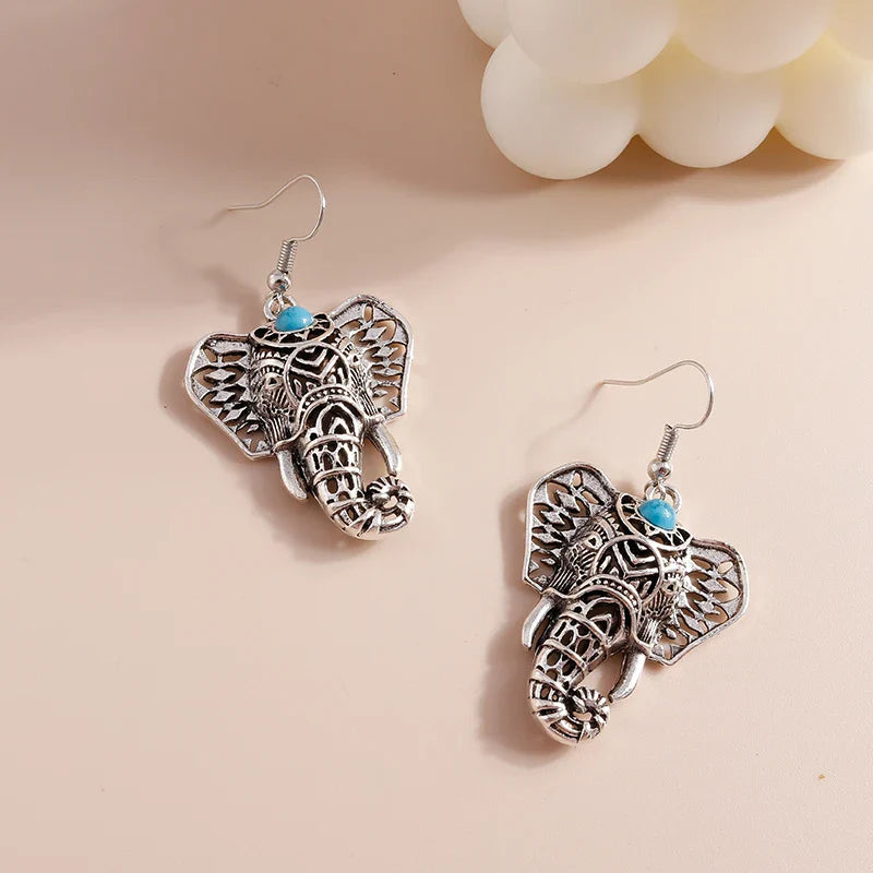 Vintage Elephant Drop Earrings Silver Bohemian