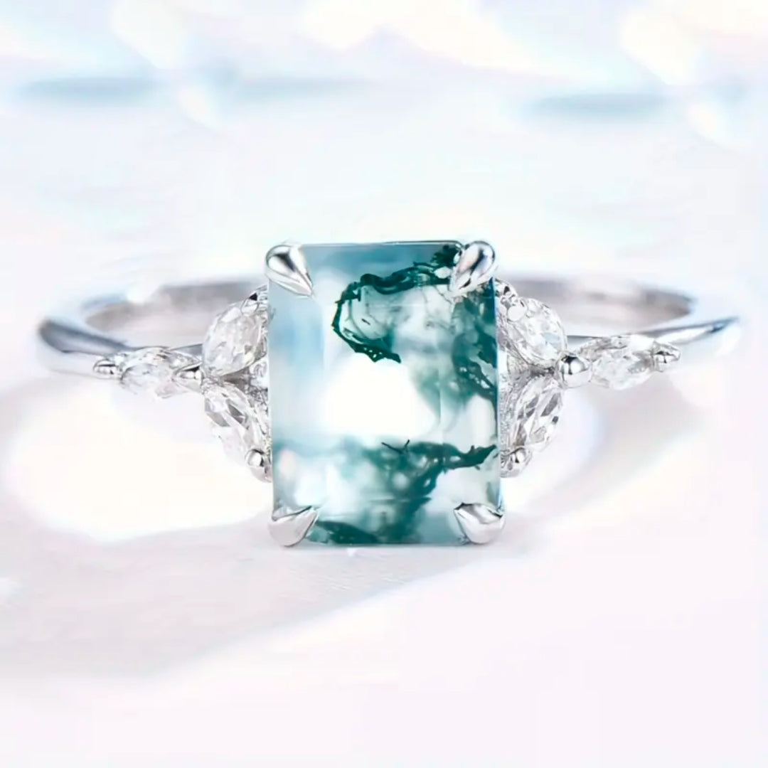 Moss Agate Cubic Stone Zirconia Ring