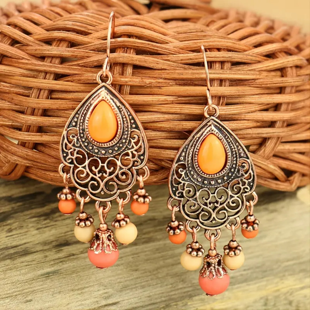 Dangling Mandala Orange Stone Earrings