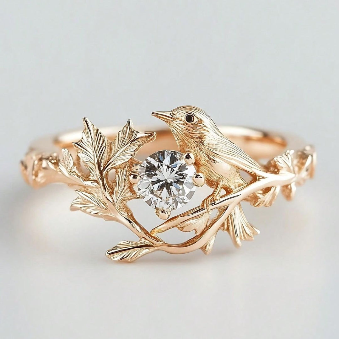 Golden Branch Hummingbird Ring