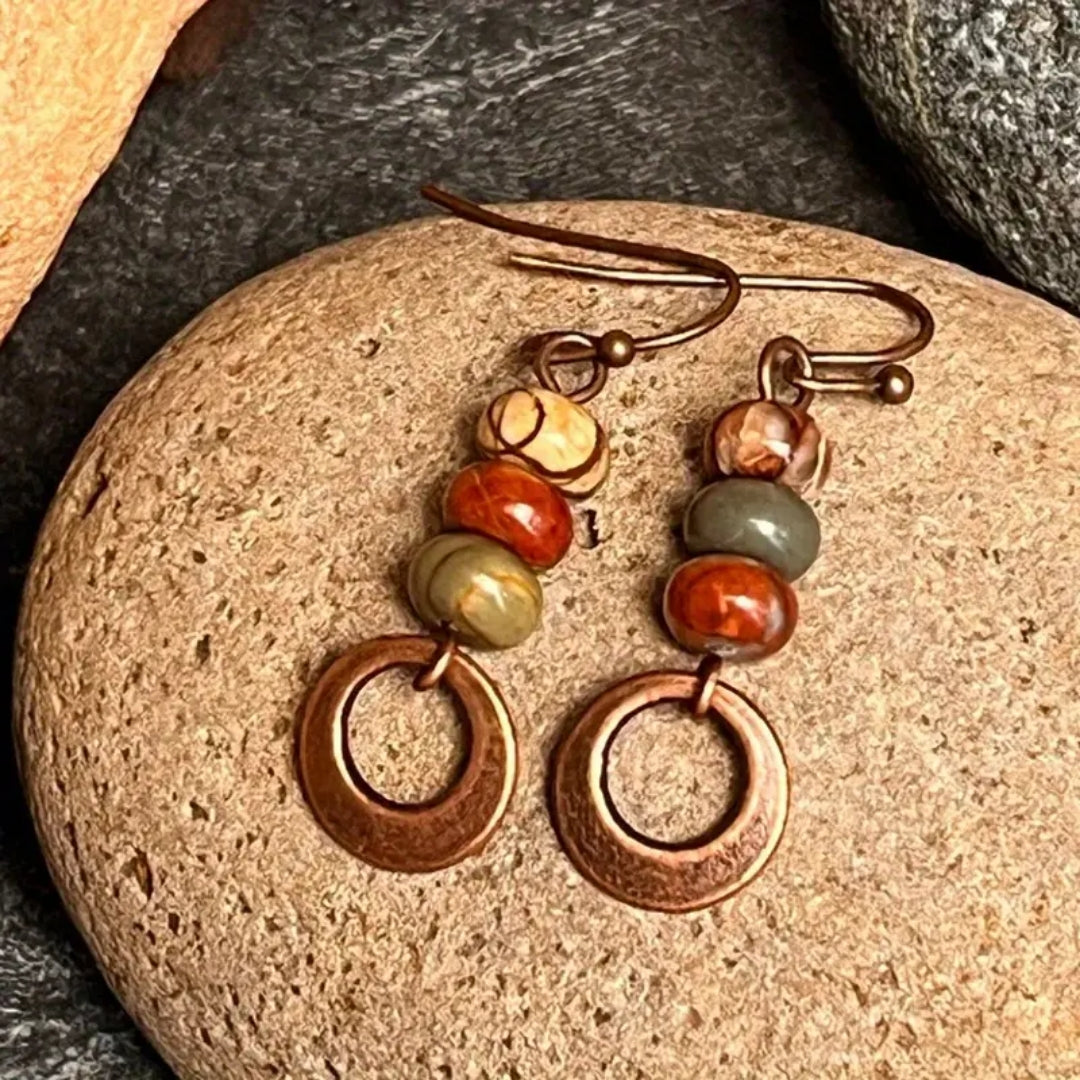 Dangling Colorful Stone Bronze Earrings