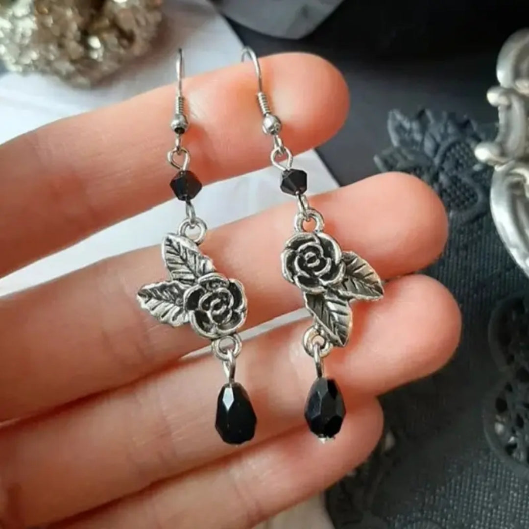 Black Crystal Rose Silver Earrings