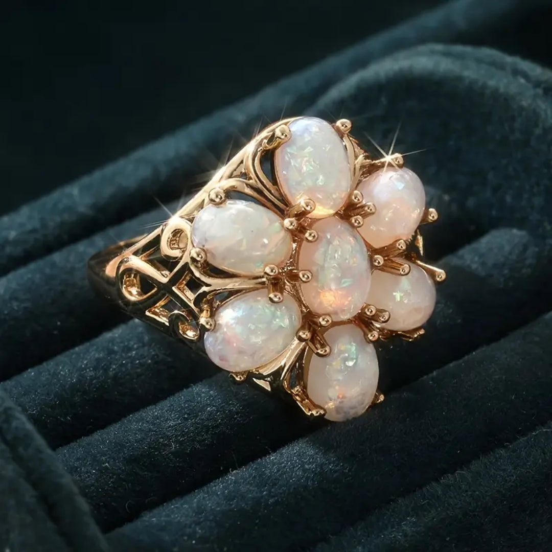 Floral White Opal Gold Ring