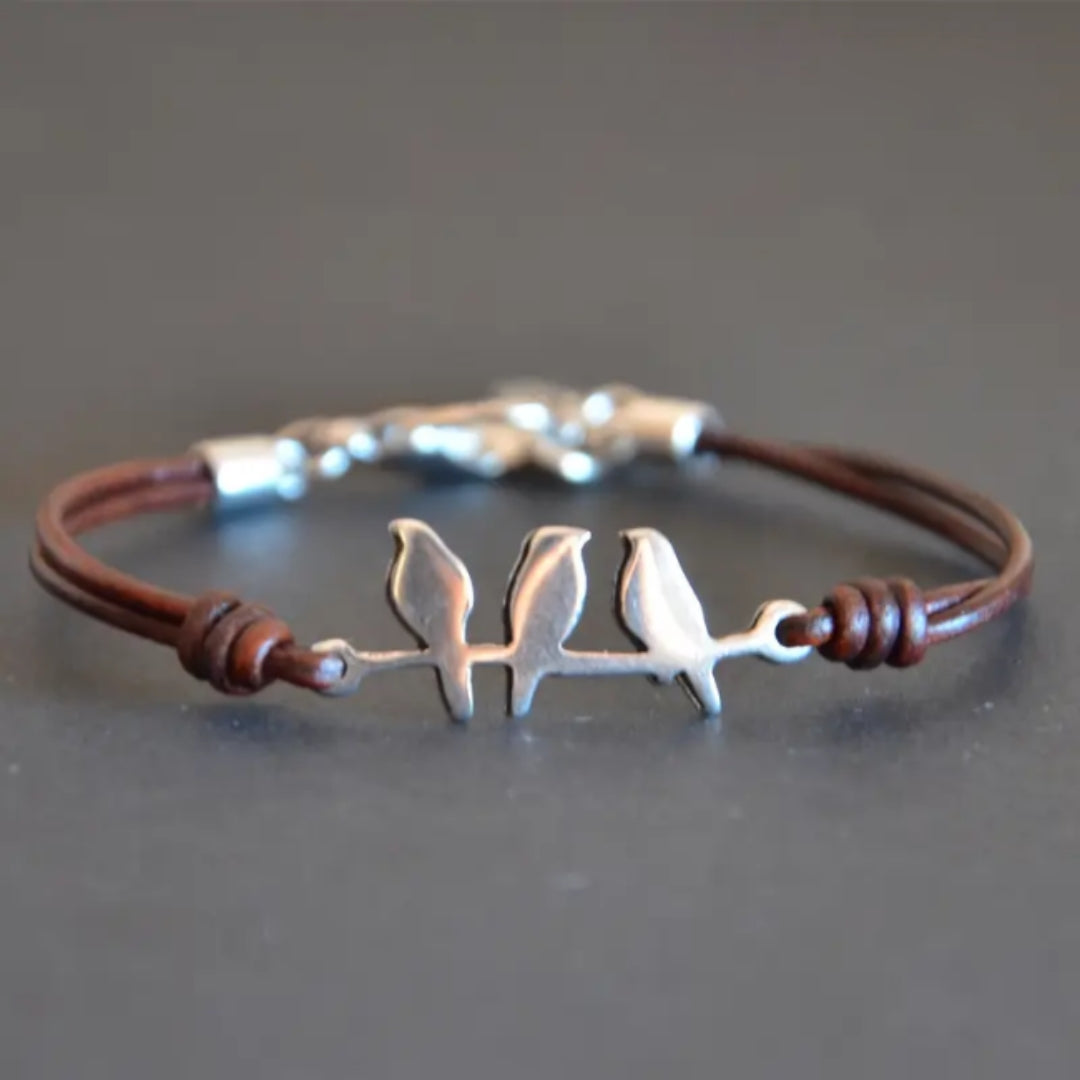 Silver Birds Leather Bracelet
