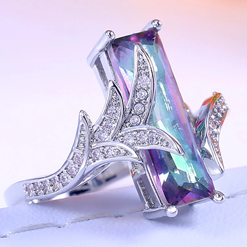 Rectangular Blueish Crystal Silver Ring