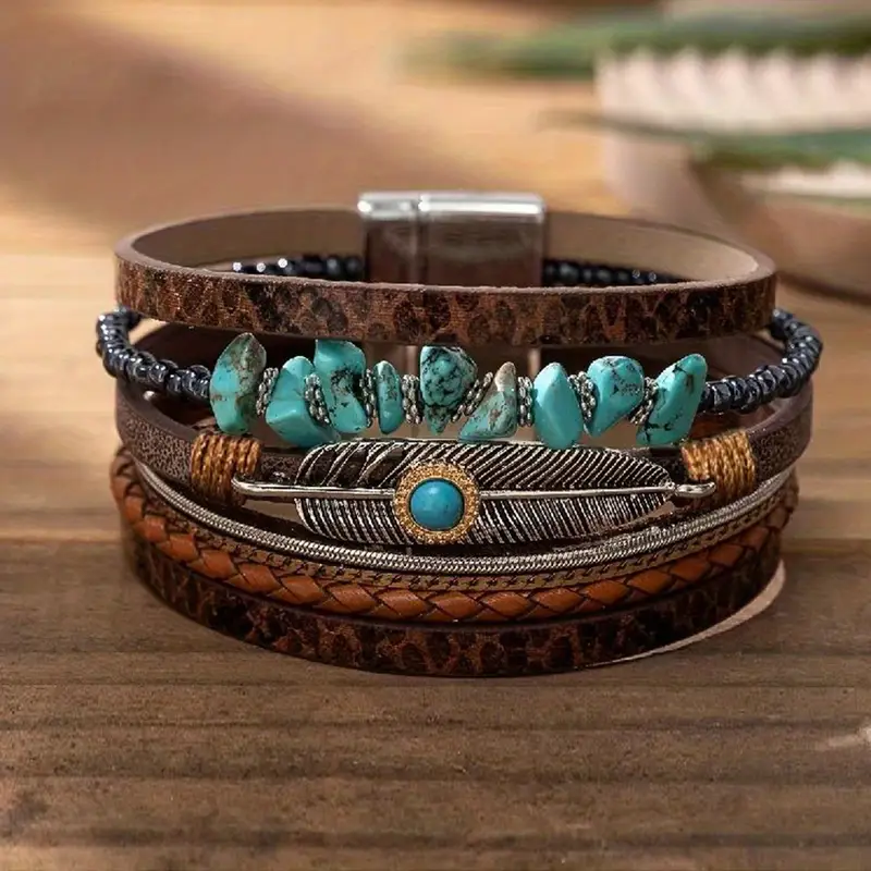 Blue Stone Leather Bracelet Set