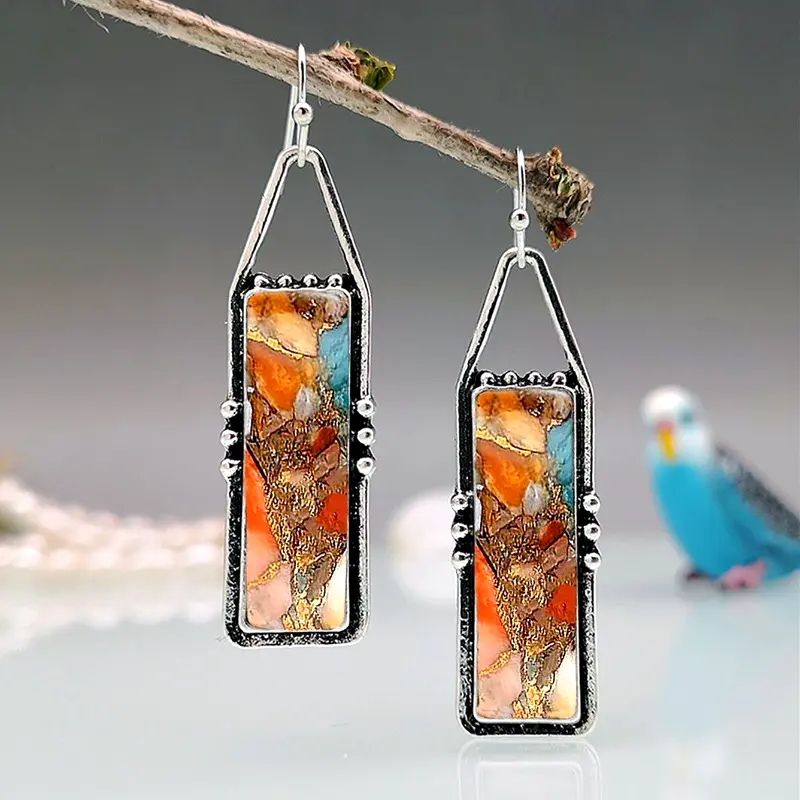 Rectangular Colorful Stone Silver Earrings