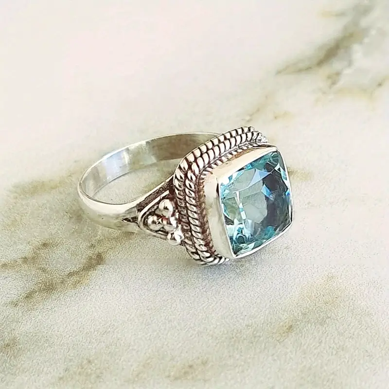 Sky Blue Temper Glass Silver Ring