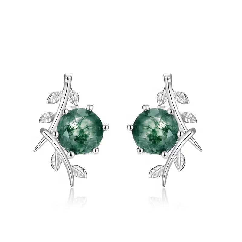Moss Agate Silver Leaf Stud Earrings