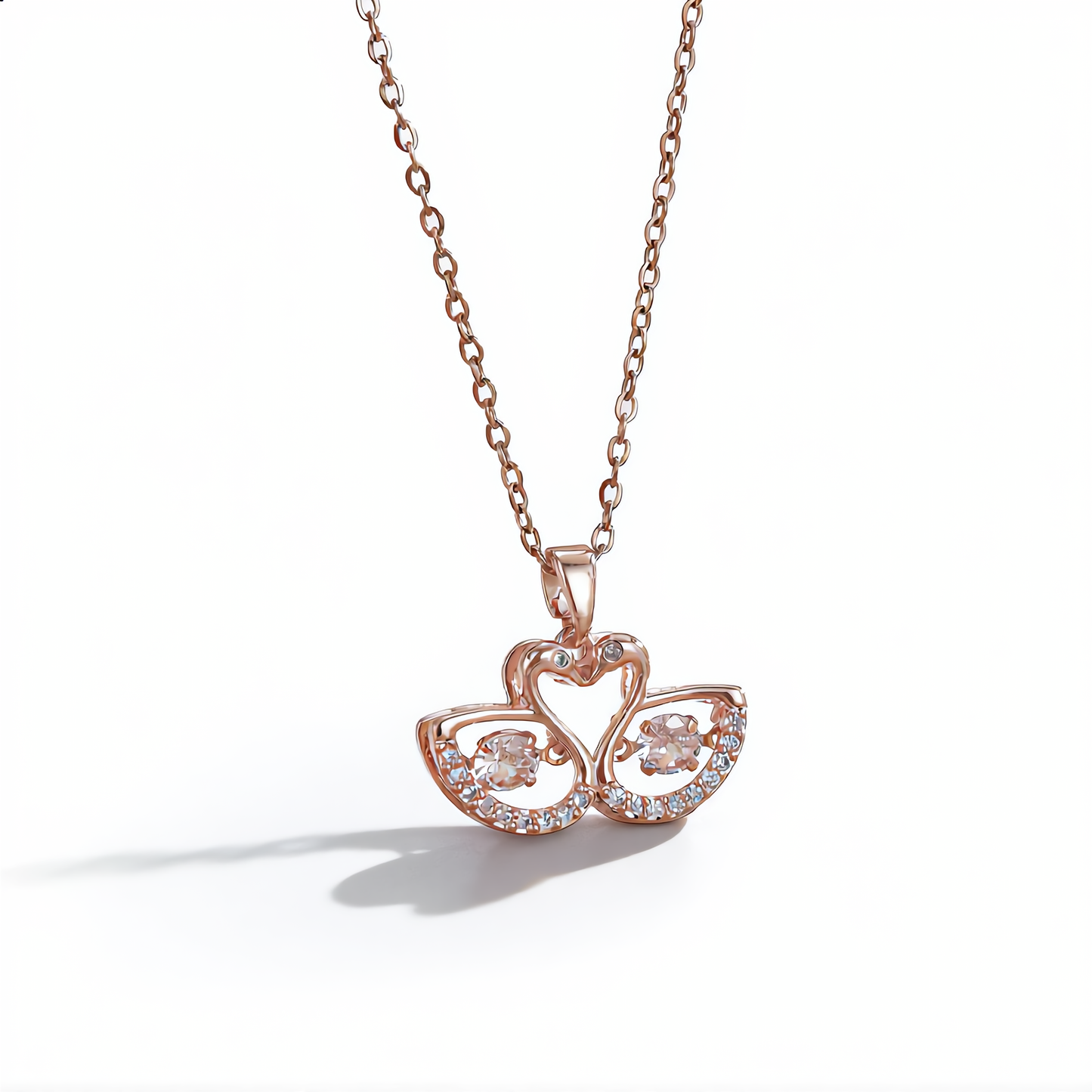 Twin Swan Crystal Heart Necklace | Rose Gold