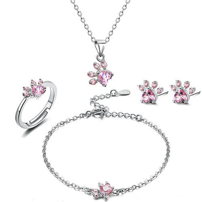 Rose Gold Paw Jewelry Set – 4 Pieces with Zirconia Heart (Ring, Necklace, Earrings, Bracelet)