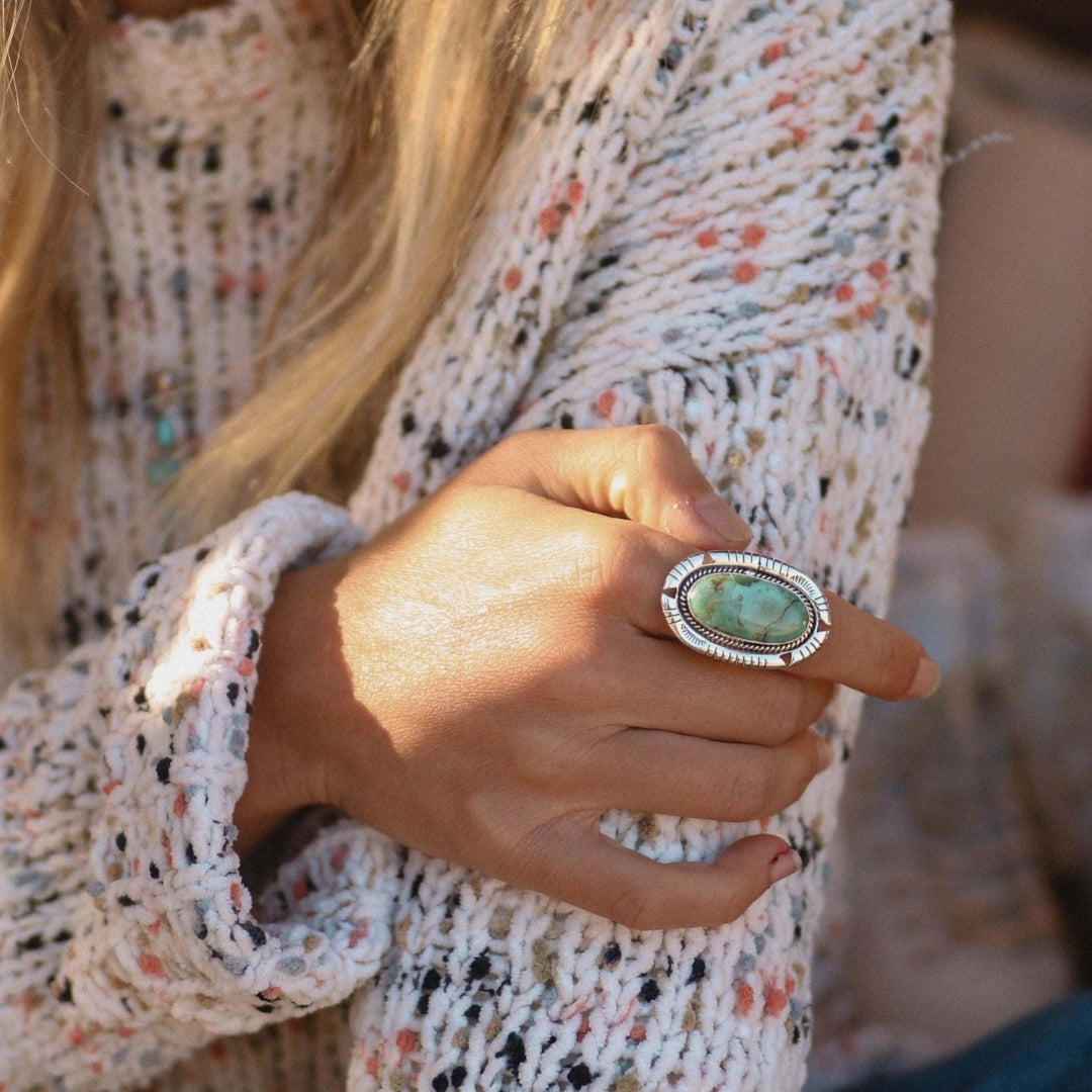 Green Oval Stone Silvered Ring