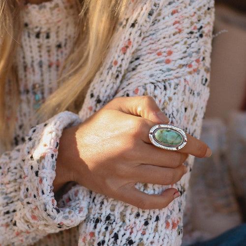 Green Oval Stone Silvered Ring