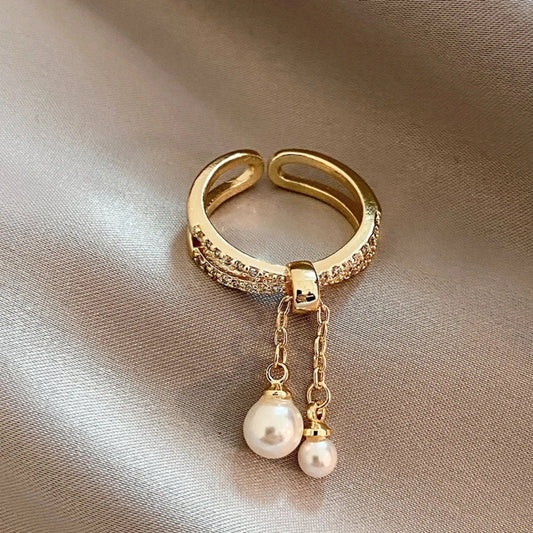Adjustable Dangling Pearl Ring