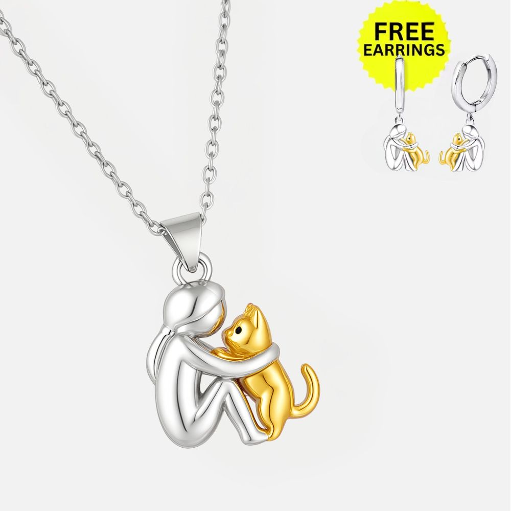 Cat Hug Pendant Necklace with Bonus Earrings â€“ Limited Time Offer