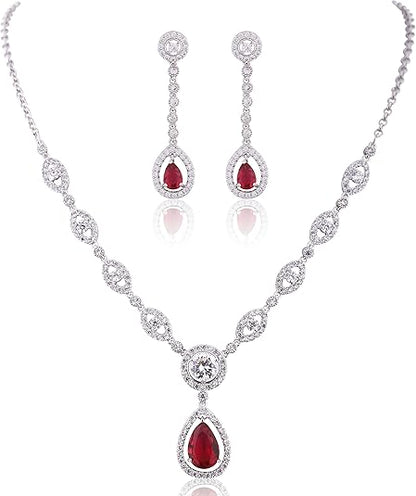 Ruby Halo Necklace and Earrings Set | White Gold