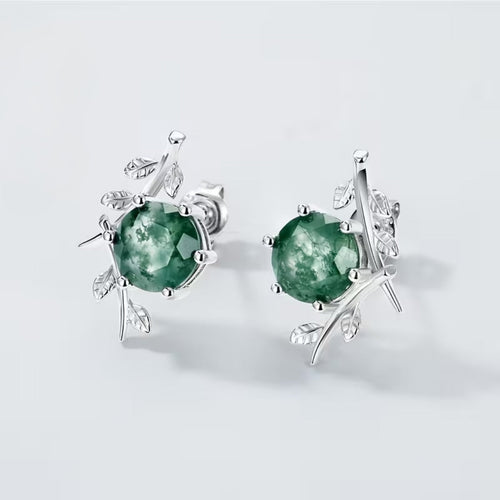 Moss Agate Silver Leaf Stud Earrings