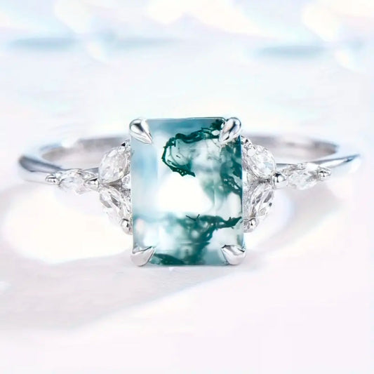 Moss Agate Cubic Stone Zirconia Ring