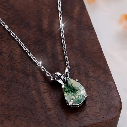Moss Agate Nature Drop Silver Necklace