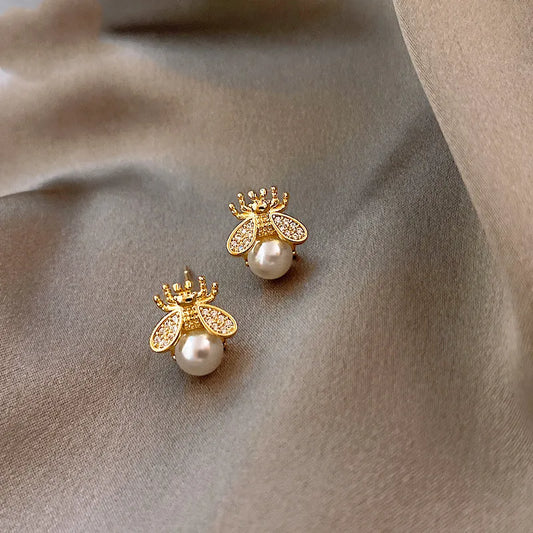 Honey Bee Pearl Stud Earrings â€“ Elegant Gold-Tone Jewelry for Women