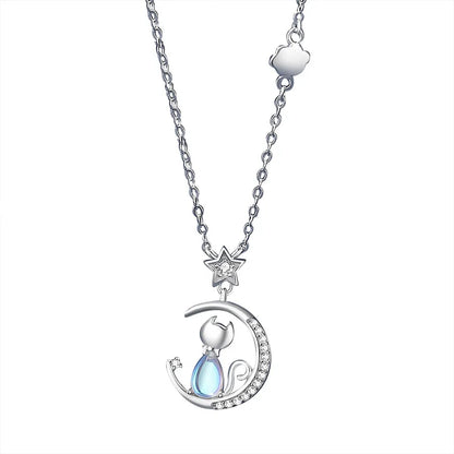 Cat Moon Sterling Silver Necklace