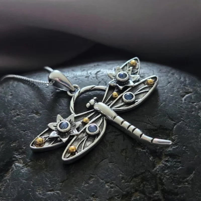 Vintage Dragonfly Crystal Pendant Necklace