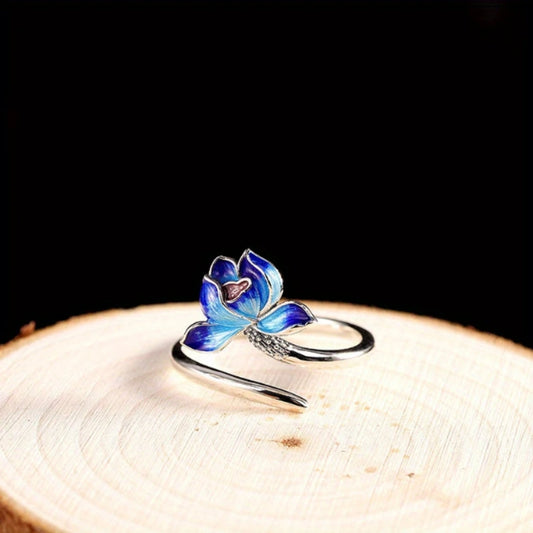 Adjustable Blue Lotus Silver Ring