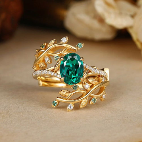 Green Crystal Leaf Layer Gold Ring