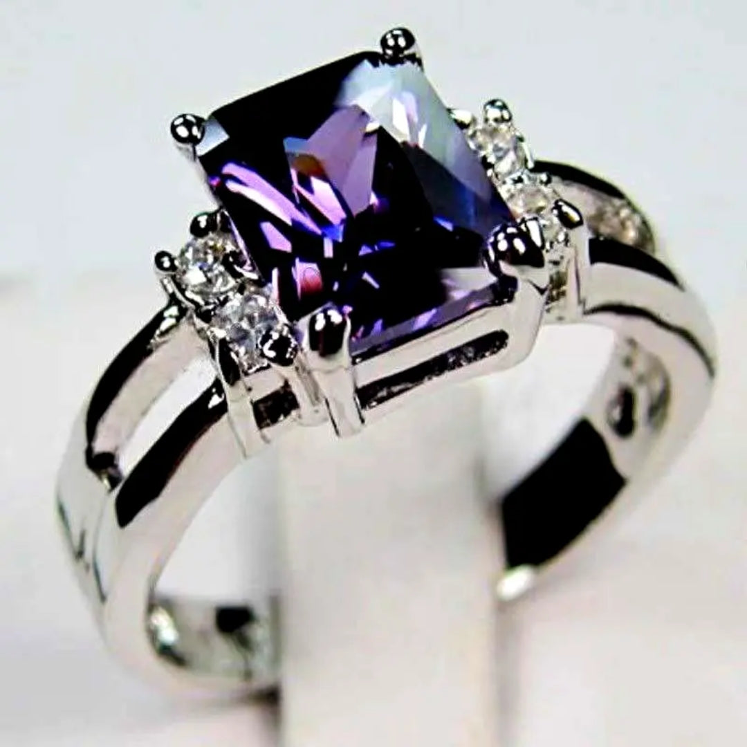 Violet Cubic Glass Silver Ring