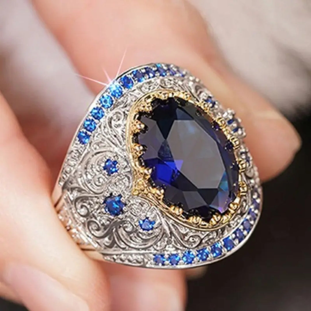 Blue Crystalline Rounded Silvered Ring