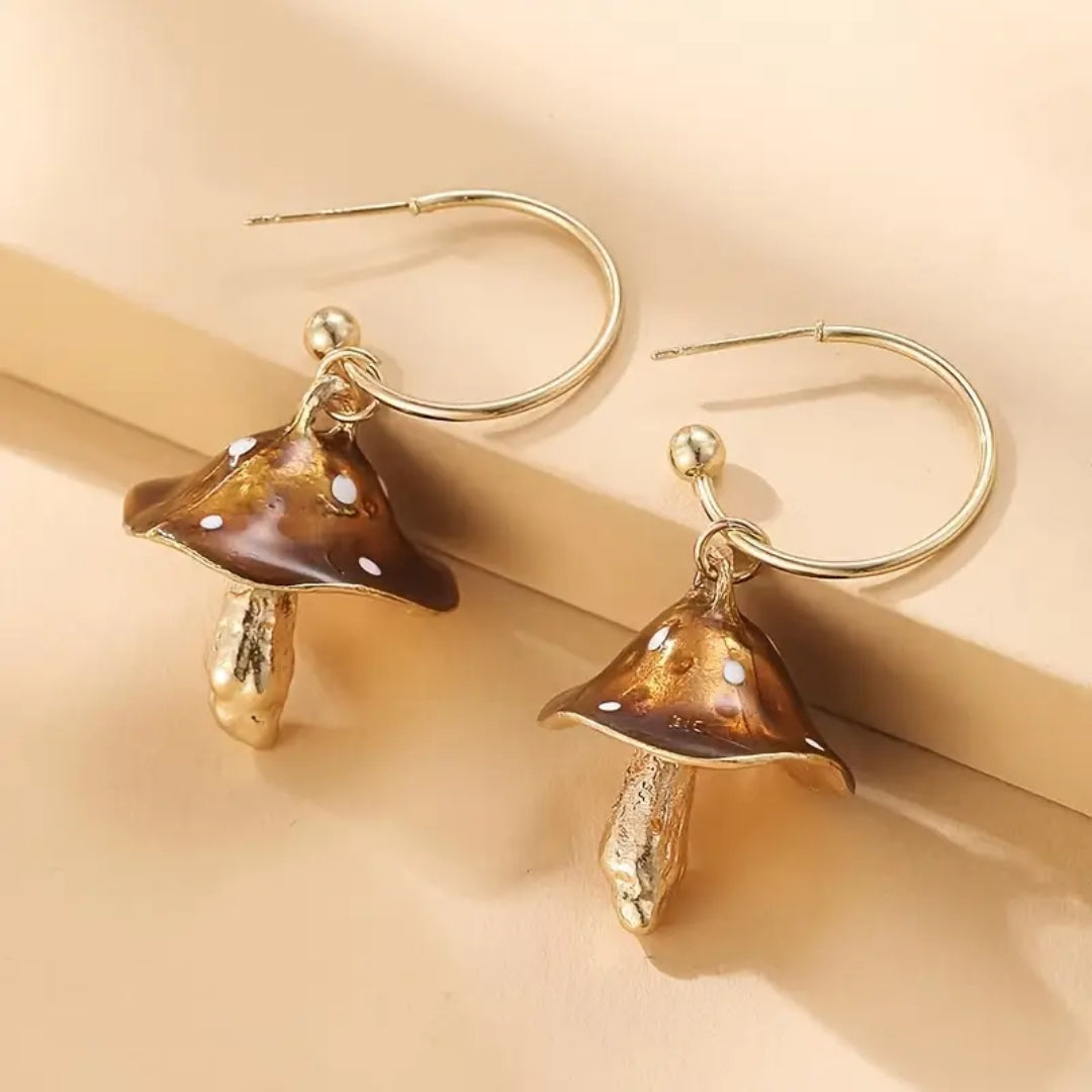 Brown & Gold Mushroom Earrings
