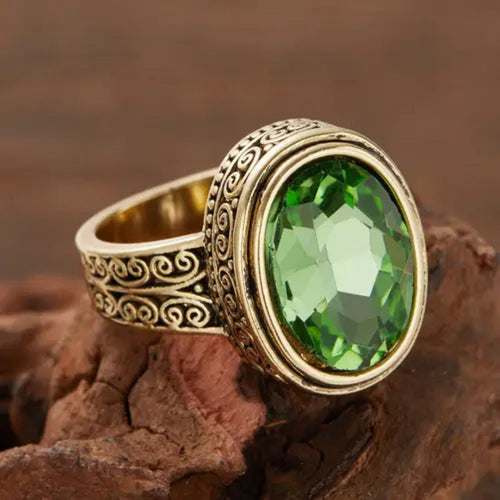 Green Rounded Olive Gold Ring