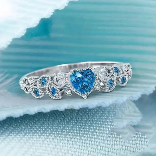 Bright Heart Blue Crystal Silvered Ring