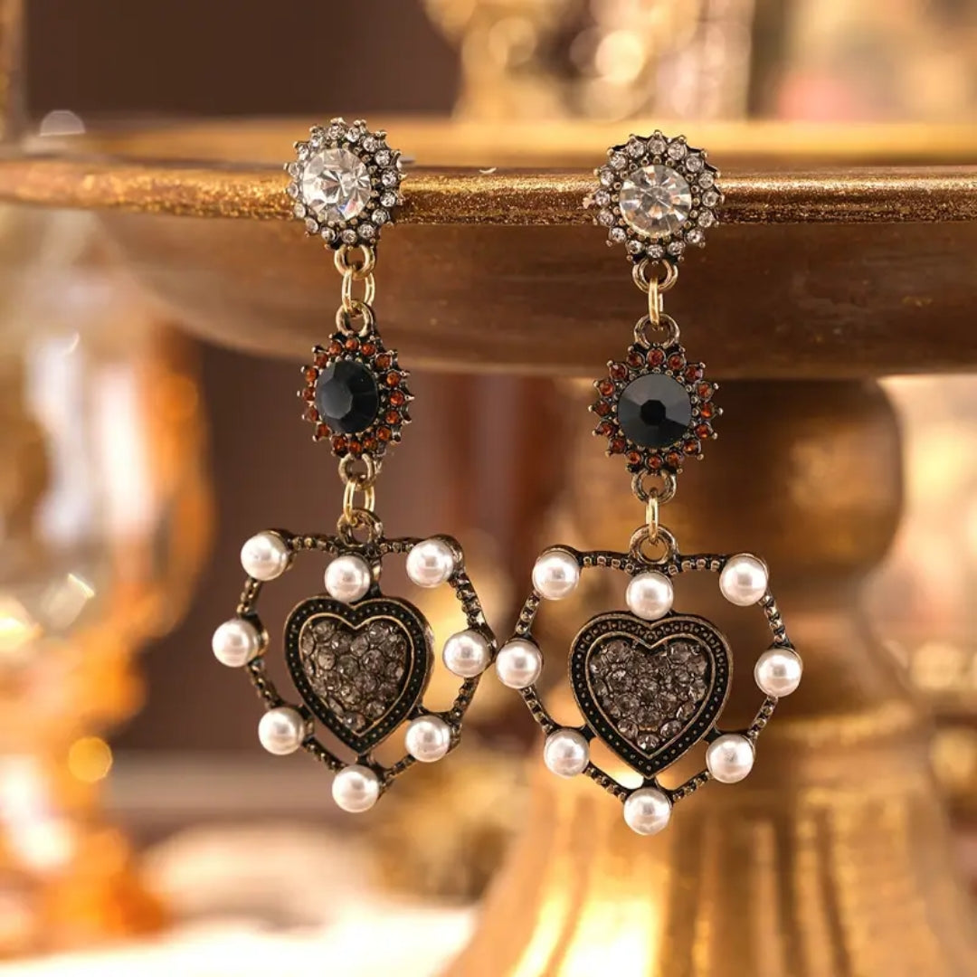 Heart Pearl Dark Dangle Earrings