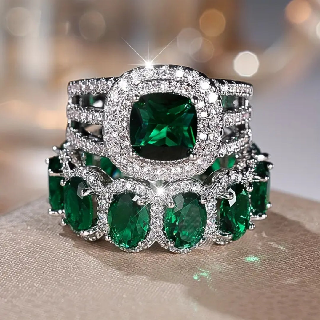 Green Silvered Crystalline Ring Set
