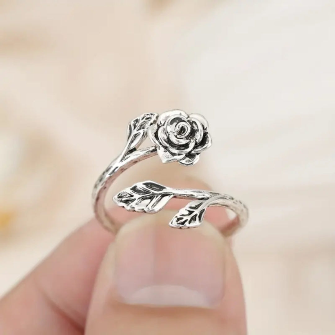 Adjustable Silver Rose Ring