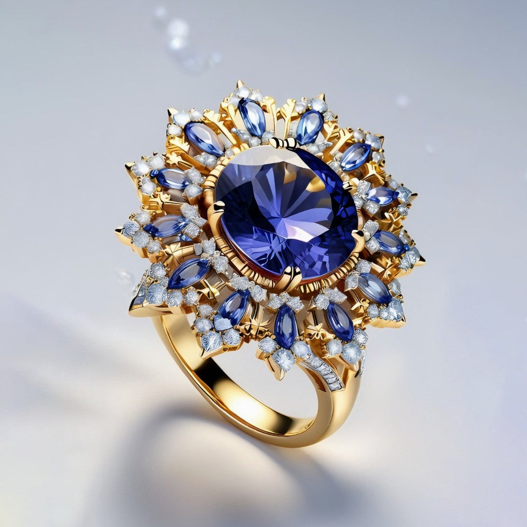 Exotic Blue Crystal Flower Golden Ring
