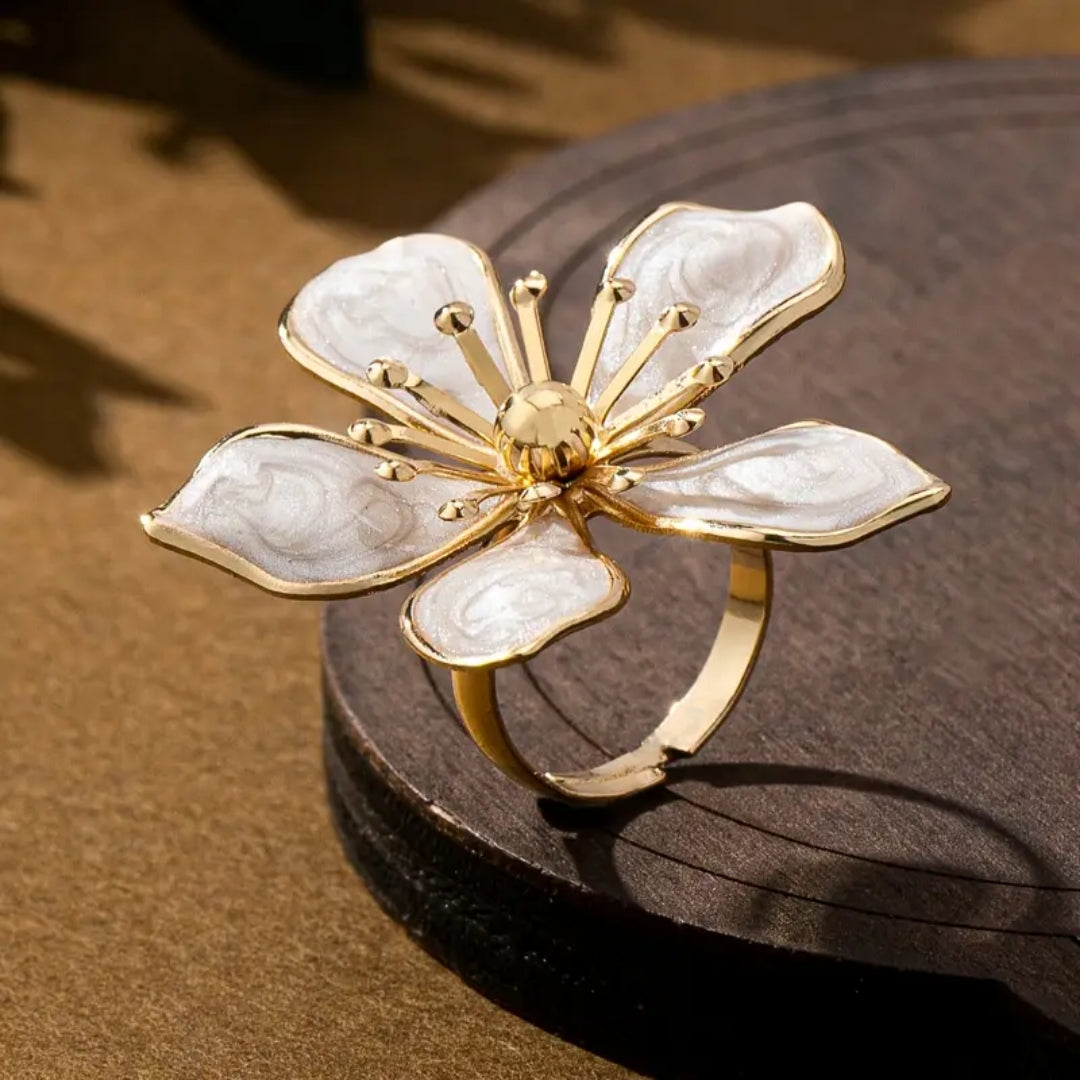 White Enamel Gold Blossom Ring
