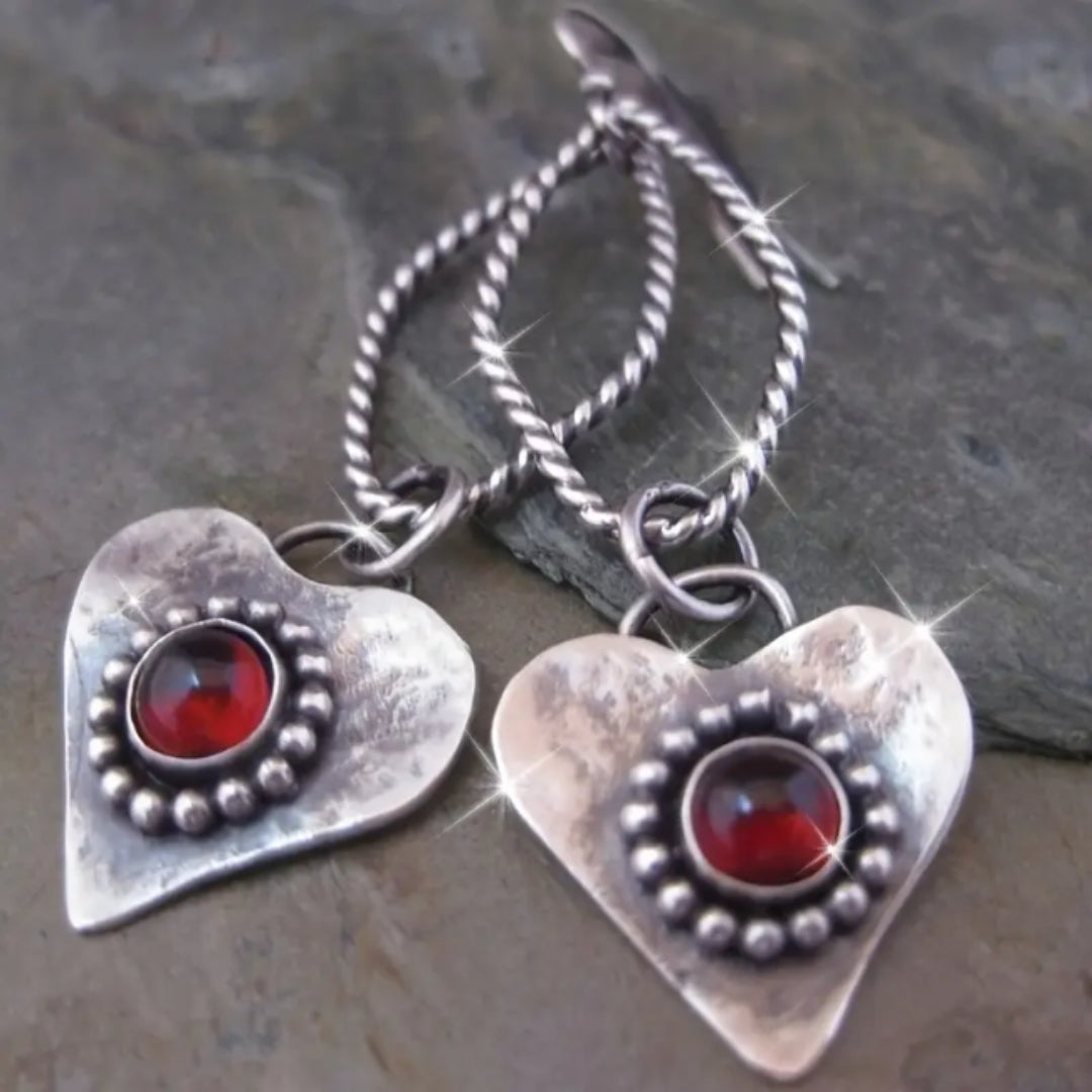 Heart & Red Glass Silver Earrings