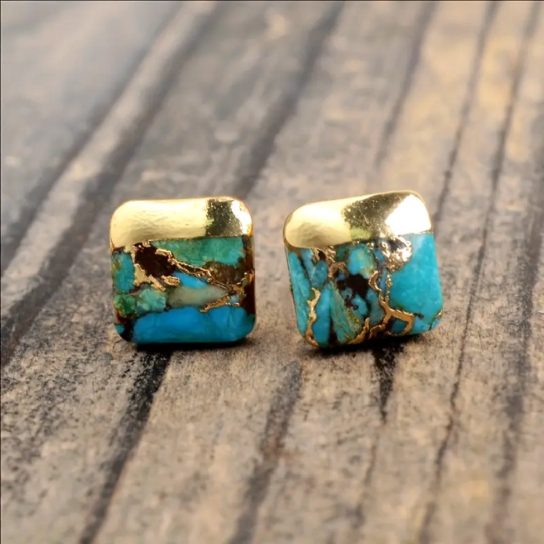 Tribal Blue Stone Gold Earrings