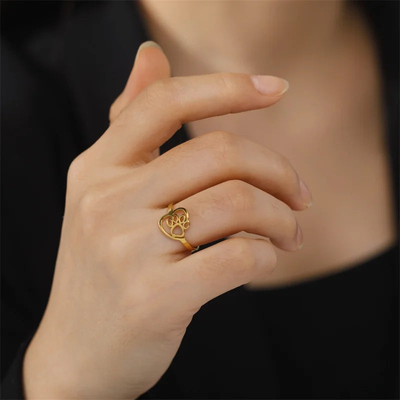 Gold-Tone Paw & Heart Ring â€“ Stainless Steel Jewelry for Pet Lovers