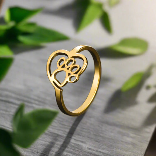 Gold-Tone Paw & Heart Ring â€“ Stainless Steel Jewelry for Pet Lovers