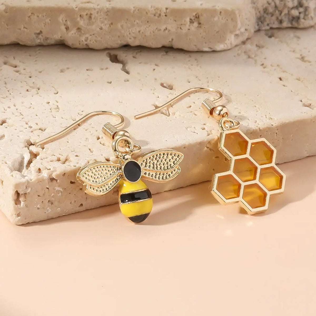 Honeycomb & Bee Drop Earrings â€“ Gold Tone Jewelry for Women