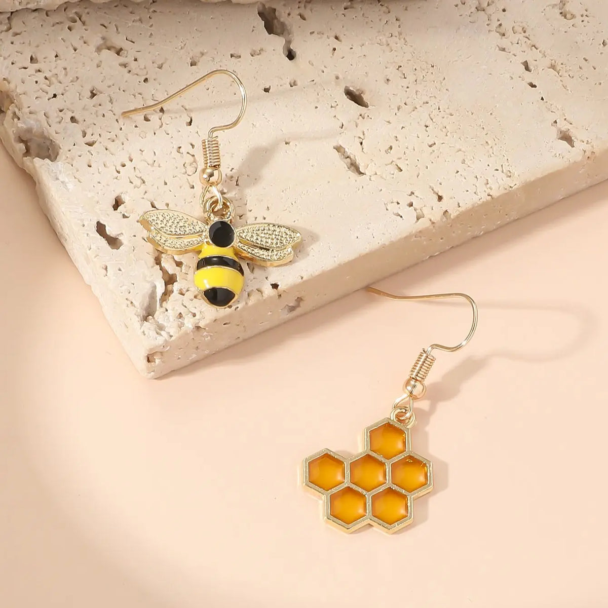 Honeycomb & Bee Drop Earrings â€“ Gold Tone Jewelry for Women