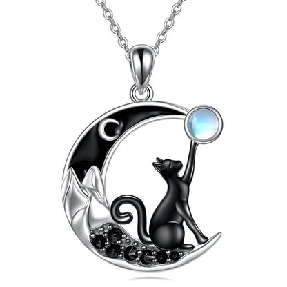 Black Cat Moon Crystal Pendant Necklace