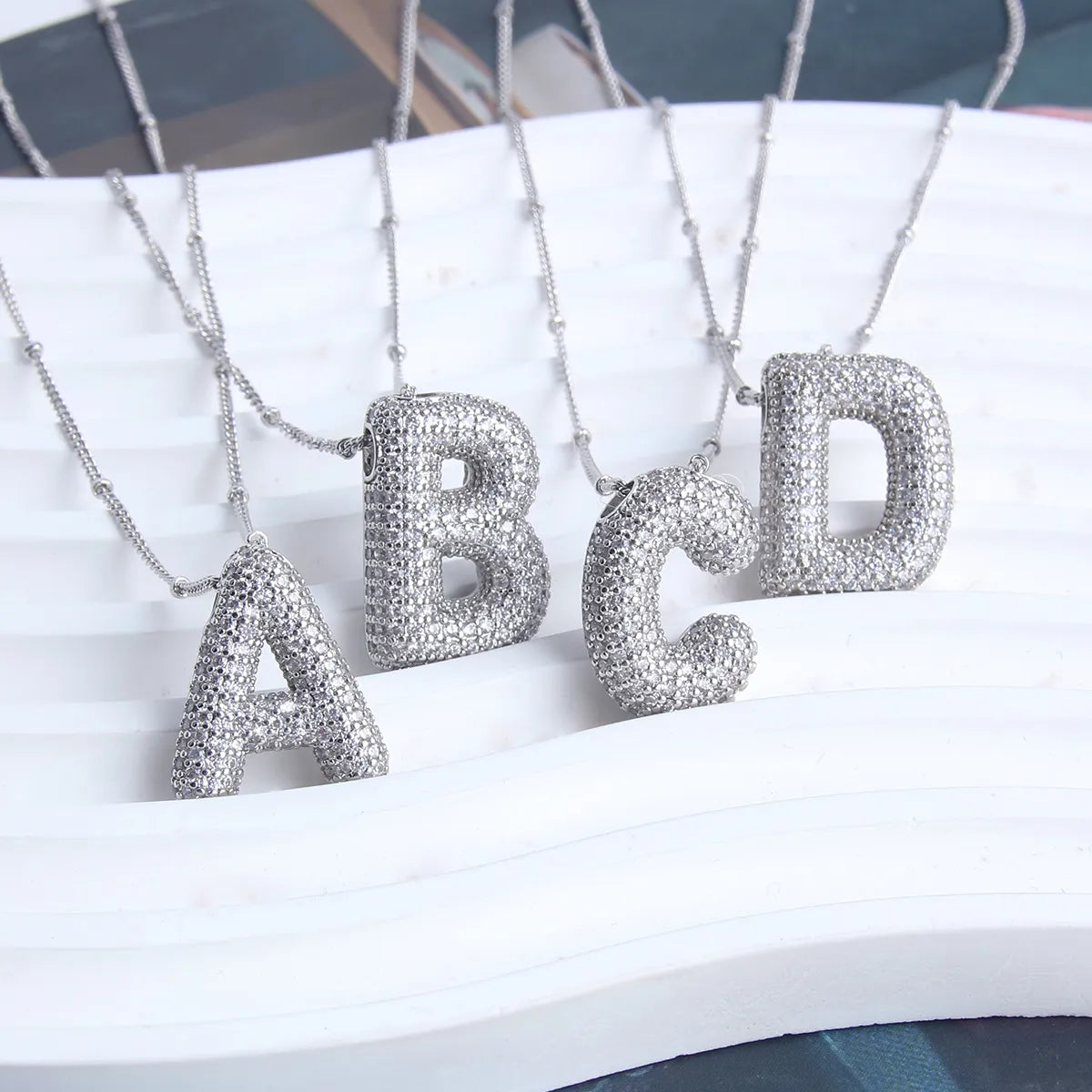 Bubble letter initial necklace set | White Gold