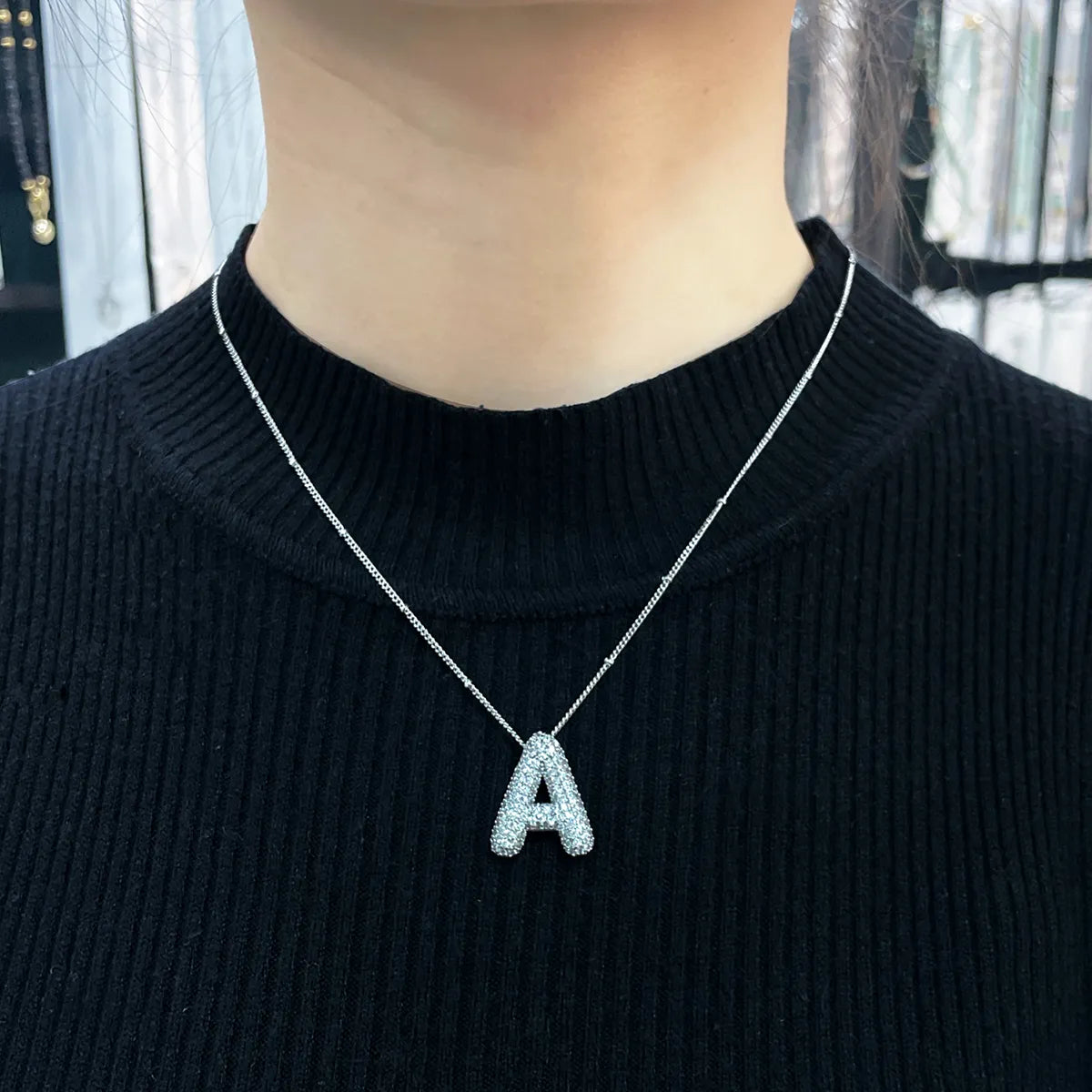 Bubble letter initial necklace set | White Gold