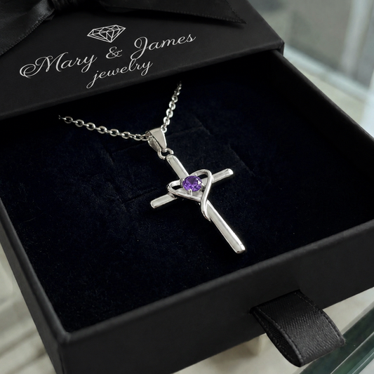 Amethyst Center Cross Necklace | White Gold
